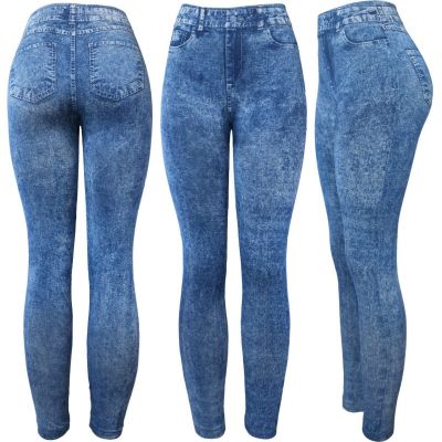 Classic High Waist Women's Denim Print Fake Faux Jeans Leggings Pants