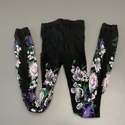Womens Footless Tights S Black w/pink & purple flowers Pantyhose Hosiery Girls L
