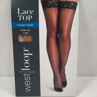 West Loop ~ Thigh High Stockings ~ (Size: S/M) Beige Mist, Lace Top & Sheer Toe