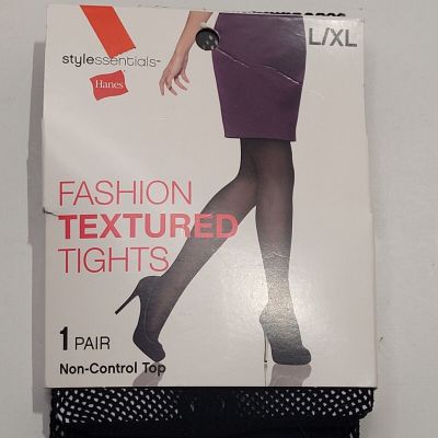 Hanes Fishnet Fashion Textured Tights Black Non-Control Top Size L/XL