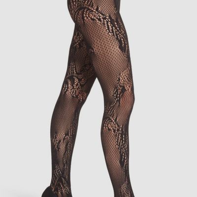 $32 Natori Women Black Feather Embroidered Lace Fishnet Stockings Tights Size L