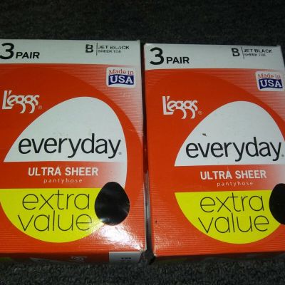 Leggs Womens Everyday Ultra Sheer Pantyhose Jet Black 3 Pack Sheer Toe 2 Lot
