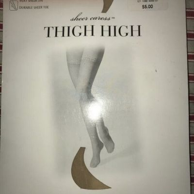 Sheer Caress Silky sheer lace Top Thigh High Stockings Size Average Oatmeal NEW