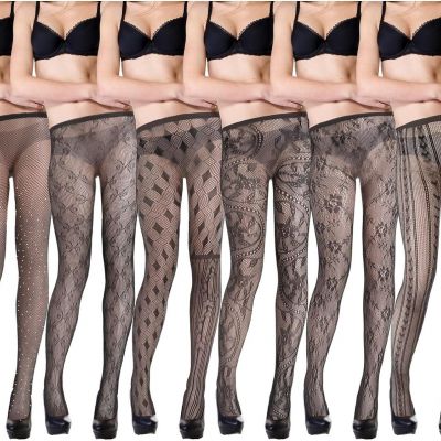 6 Pairs Black Tights Lace Patterned Fishnet Stockings for Women High Waist Mesh