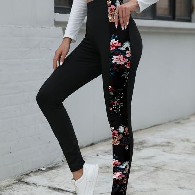 Floral Print Color Block Leggings for Women - Elegant Style High-Waisted Skinny