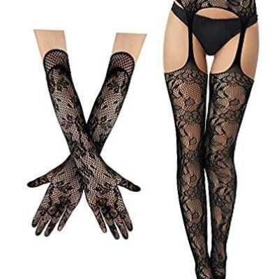 2 Pieces Suspender Pantyhose Long Floral Lace Gloves Medium Classic Style