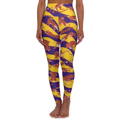 LSU Tiger Stripe Yoga Leggings, Louisiana Purple Gold Workout Pants, Football