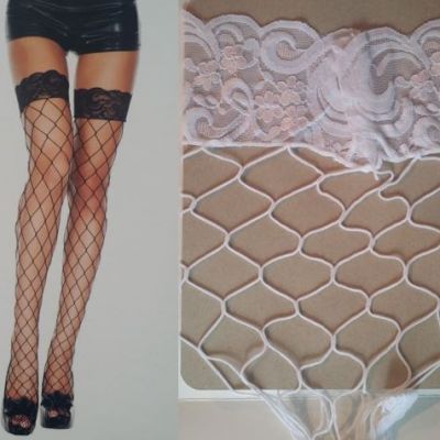 Music Legs Thigh High Stockings Lace Top Diamond Net Spandex Black or White 4925