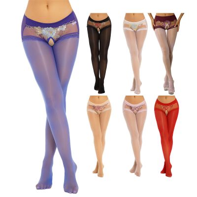 Women Oil Glossy Lace Sheer Pantyhose Footed Tights Hollow Out Stocking Trousers