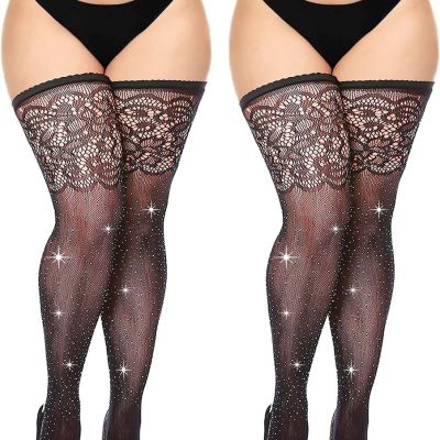 Women'S Black Fishnet Thigh Highs plus Size Stay-Up Rhinestone Stocking 2 Pairs