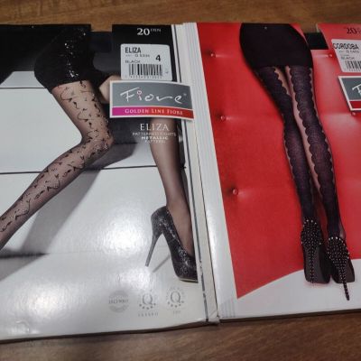 LOT OF 2 Fiore Golden Line Black 20 Den Pantyhose Patterned Tights SIZE 4