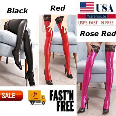 Women PVC Leather Wet Look Stockings Oil Shiny Long Stockings Clubwear 3 Colors
