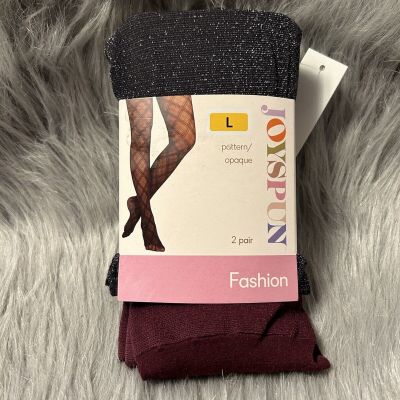 Joyspun Tights Women’s Size Large Black Shimmer And Crushed Plum Opaque Bottoms