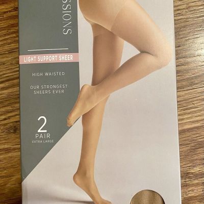 Silk Impressions Pantyhose 2 Pair  Sheer Support Rich Tan Nylons XL New in Box