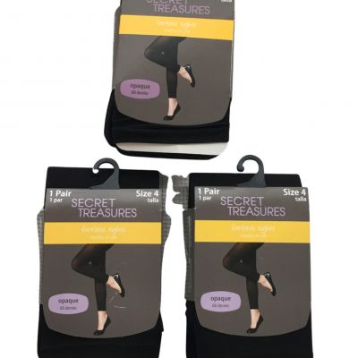 LOT OF 3 Secret Treasures Footless Opaque Nylons Tights 60 Denier, Black Size 4