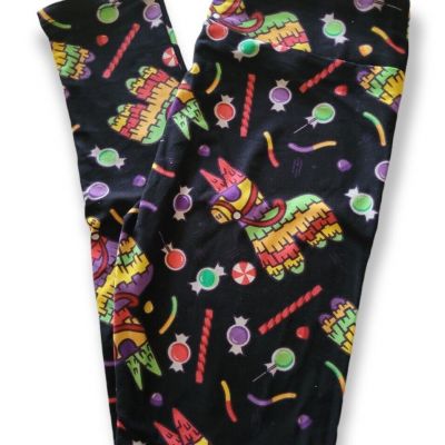 Lularoe Llama Pinatas OS Leggings Bright Party Candy Sticks on Black NWOT *Read*