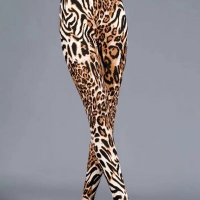 New Women's Leopard Print High Waist Stretchy Soft Leggings Brown Black Large