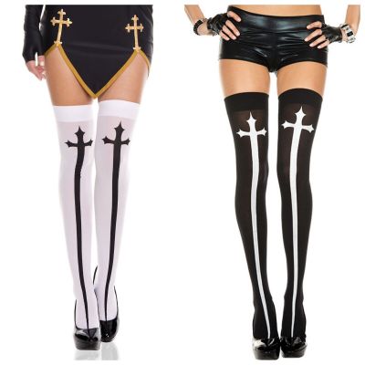 Music Legs Sexy Cross Print Thigh High Halloween Nun Costume Stockings