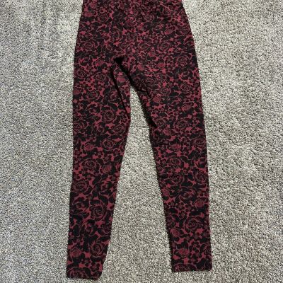 Torrid Leggings Women’s Size 0 Red Black Flower Floral Pattern Mid Rise - 8144