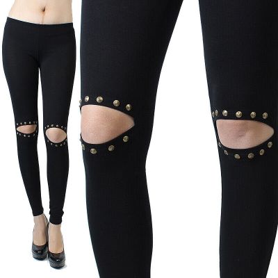 Womens Black Basic Casual Knee Hole Cutout Leggings Ankle Length Long Pants