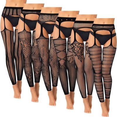 Skylety 6 Pairs Women Fishnet Thigh-High Stockings Tights Suspender Pantyhose St