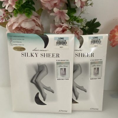 JcPenney Lot of 2 Sheer Caress Silky Sheer Long Charcoal 86 New Control Top Vtg