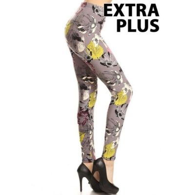 X-Plus Size 3X-5X Womens Floral Multi-color Print, Full Leggings With Banded