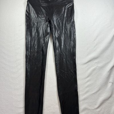 SPANX Black Faux Leather Leggings Women’s Size Medium Black Shapewear Shiny  EUC