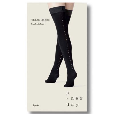 2X Black Opaque & Silver Studded Backseam Thigh High Stockings Size S/M NEW