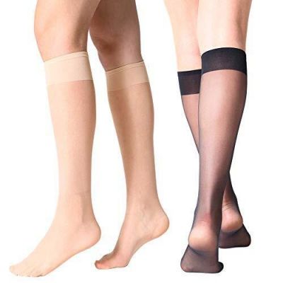 12 Pairs Lady's Sheer Knee High Stockings 6 Pairs Black6 Pairs Nude