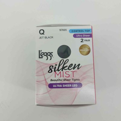 L'eggs Silken Mist 2 Pairs Pantyhose Size Q Jet Black Ultra Sheer