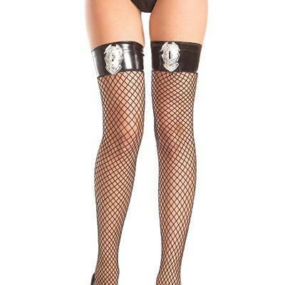 sexy BE WICKED police BADGE vinyl TOP fishnet COP thigh HIGHS stockings OFFICER