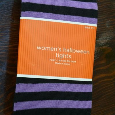Med purple & black striped womens girls Halloween tights one size petite to 5'6