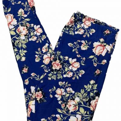 LuLaRoe Womens Leggings Size TC2 Royal Blue Pink Roses Floral Plus 18+ NWT