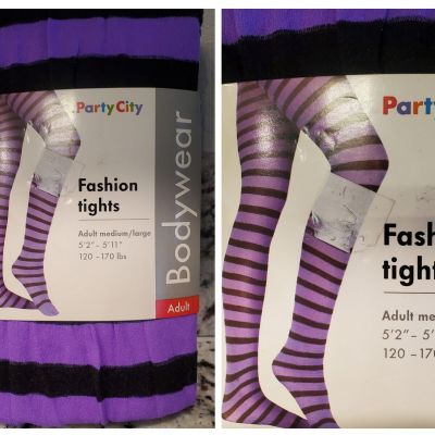 Party City Fashion Tights Bodywear??Purple & Black Strips Adult Medium/Large NIP