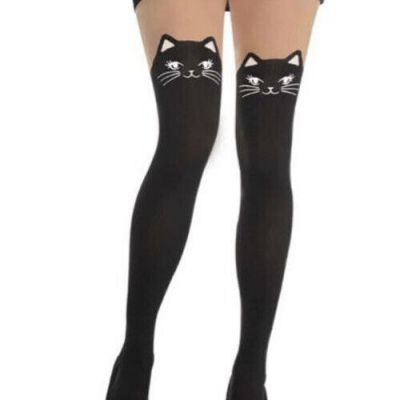 New Black cat FAUX THIGH HIGH TIGHTS Pantyhose Up To 160 LBS womens