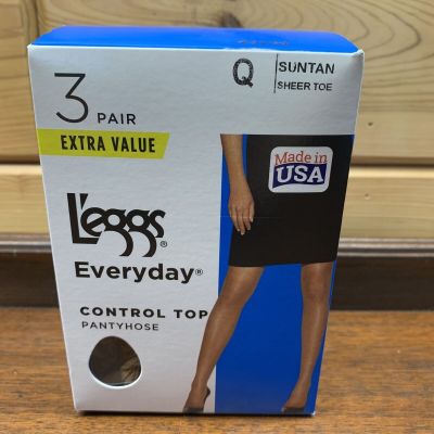 Leggs Everyday Control Top Pantyhose 3 Pair Pack Size Q Suntan Queen Sheer Toe