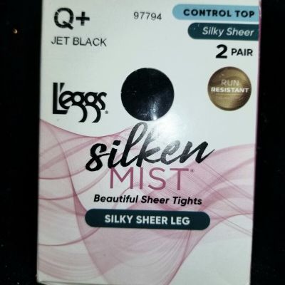 L'EGGS PAIR SILKEN MIST CONTROL TOP TIGHTS-SILKY SHEER LEG/TOE-Q+-JET BLACK-NEW