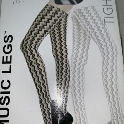 Music Legs Vertical Zigzag Opaque Pattern Tights Pantyhose 7012 Black White 1 Sz