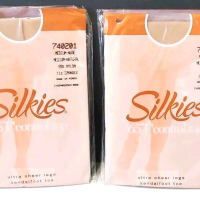 Silkies '65° F' Control Top Pantyhose Size  Medium Nude Two (2) Pair