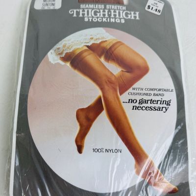 Vintage Seamless Stretch Thigh High Stockings Pantyhose Hosiery Medium Suntone