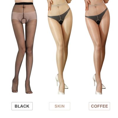 1~3Pack Women Crotchless Sheer Oil Shiny Glossy Pantyhose Tights Stockings Socks