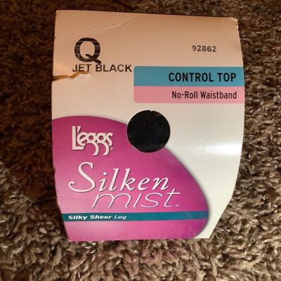 Leggs silken mist no-roll waistband control top pantyhose, jet black, size: Q