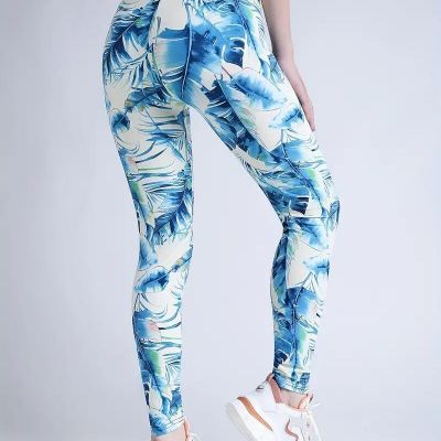 Fashion Women Blue Leaf Print Leggings Casual Sports High Waist Elastic Slim Fit