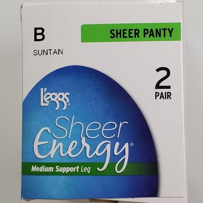 2 Pair L'eggs Sheer Energy Size B Suntan Sheer Panty Medium Support Pantyhose