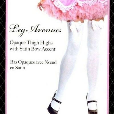 Stockings Opaque Satin Bow Accent Thigh High One Size Reg White Leg Avenue 6255