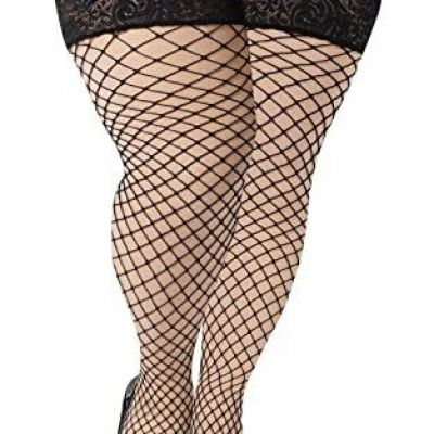 Moon Wood Plus Size Fishnet Stockings Womens Sheer Silicone Lace Top Stay Up ...