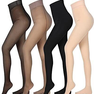 4 Pairs Fleece Lined Tights One Size Black, Brown, Nude Footed 200 g, 300 g