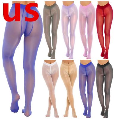 US Woman's Pantyhose Stocking Oil Glossy See-through Footed Tights Zipper Crotch