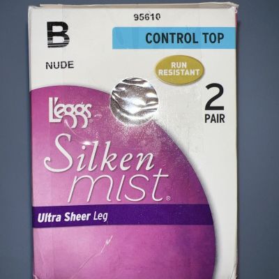 Leggs Silken Mist Pantyhose Control Top Sz.B Nude 2 Pair Taped Box NEW Product